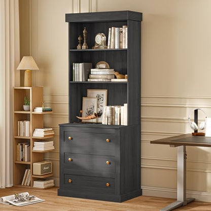 Vyre 71" Farmhouse Kitchen Pantry Cabinet, Black Freestanding Coffee Bar Hutch with Glass Doors, Drawers & Adjustable Shelves, Microwave Stand Storage Organizer for Living Room & Kitchen, Set of 4