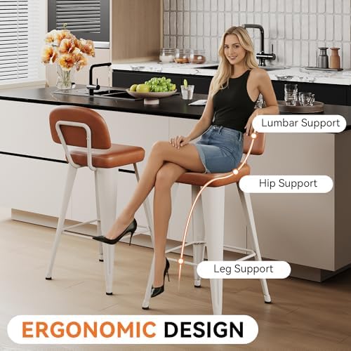 Aklaus PU Leather Metal Bar Stools 24 inch Faux Leather Counter Height Barstools Set of 2 Modern Farmhouse Bar Chairs with High Backs and Faux Leather Seat for Kitchen Island Dining Room White Brown