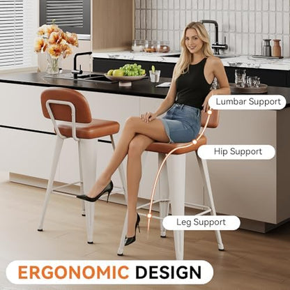 Aklaus PU Leather Metal Bar Stools 24 inch Faux Leather Counter Height Barstools Set of 2 Modern Farmhouse Bar Chairs with High Backs and Faux Leather Seat for Kitchen Island Dining Room White Brown