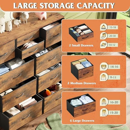 WLIVE 10 Drawer Fabric Dresser for Bedroom, Side Pocket Chest, Rustic Brown