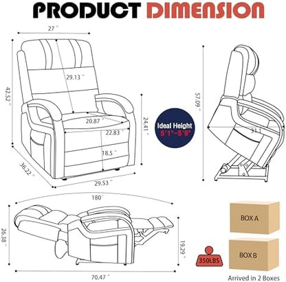 Power Lift Recliner Chair for Elderly People, Dual Motor Lift Chair with Vibration Massage and Heat, Lay Flat Recliner with Solid Wood Armrest, Standing Assistance Reclining, Faux Leather Dark Gray