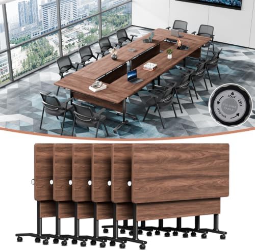 Modern Conference Table, Folding Modular Conference Room Tables with Wheels, Flip Top Mobile Training Table for 6-12 People, Foldable Rectangle Meeting Seminar Tables for Office(Walnut4,6PCS 61in)