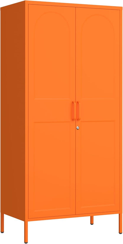 Orange Lockable Metal Storage Wardrobe, Tall Freestanding Cold Rolled Steel Cabinet with Arched Embossed Doors, Elevated Feet for Bedroom Office Storage Size：67" H x 31.5" W x 18.1" D