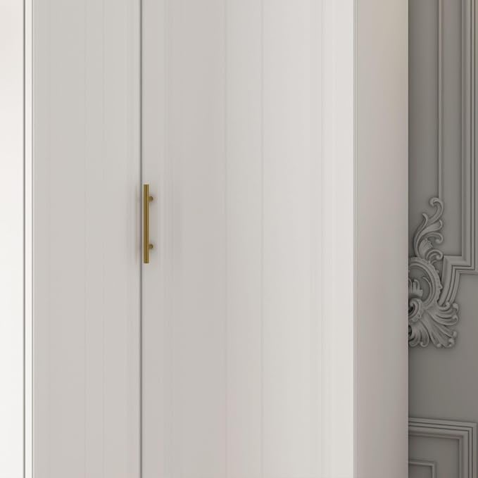 MOUMON L-Shaped 4 Door Wardrobe Closet with Shelves, Armoire Wardrobe Closet with Hanging Rod, Top Cube Storage, White and Gold 35.4”W x 35.4”D x 94.7”H
