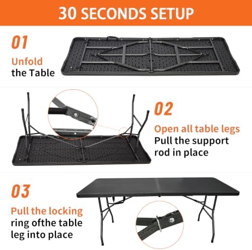 Folding Table 6ft, Heavy Duty Portable 6 Foot Foldable Table Plastic Large Folding Table Indoor Outdoor for Camping, Picnic, Wedding and Party, Black