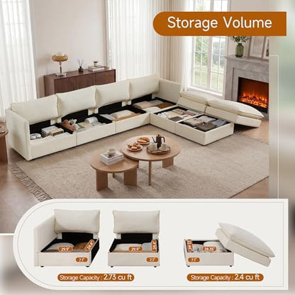 Myroyalsit Modular Sofa with Storage, 135" U Shape Sectional Cloud Couch, Oversized Fabric Couch with Movable Ottoman, 6 Seat Modern Deep Seat Sofa for Living Room (Beige Chenille)