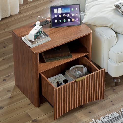 Evermagin Fluted Nightstand Set of 2 with Charging Station, Walnut