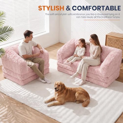 Convertible Folding Sofa Bed, 2 in 1 Portable Floor Couch & Foam Mattress with Handle, Space-Saving Faux Fur Futon Chair for Living Room, Bedroom, Guest Room (Loveseat, Pink)