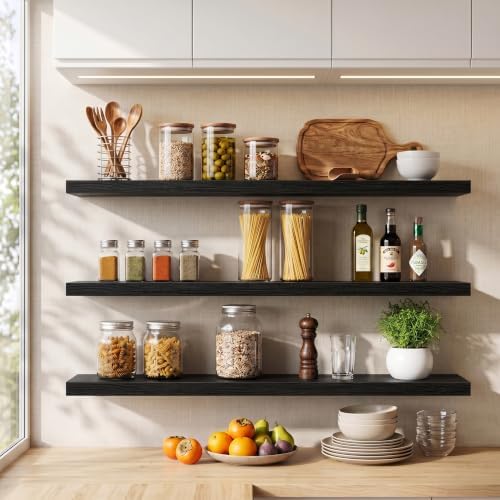 36 Inch Floating Shelves, Wall Shelves Set of 3 for Bathroom/Living Room/Bedroom/Kitchen, Black Floating Shelf for Wall Decor with Invisible Brackets