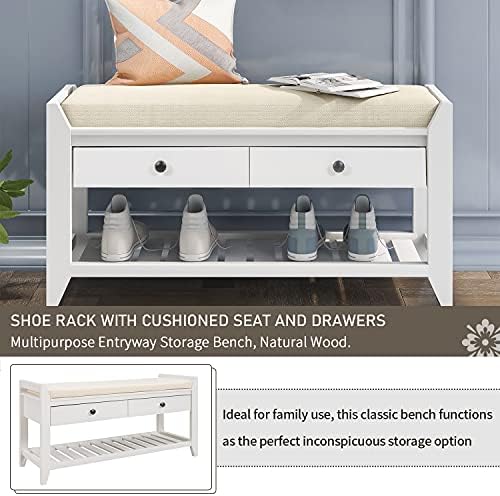 Merax Farmhouse Wood Shoe Bench with Storage and Seat Cushion Entryway Bench with Shoe Shelf and Drawers White