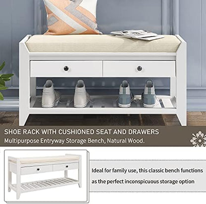 Merax Farmhouse Wood Shoe Bench with Storage and Seat Cushion Entryway Bench with Shoe Shelf and Drawers White