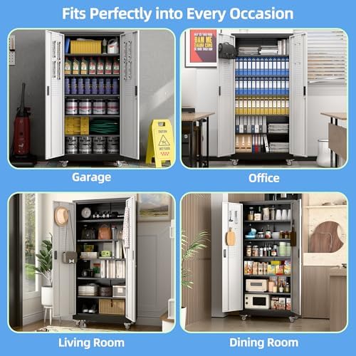 Metal Garage Storage Cabinets with Wheels,5 Adjustable Shelves 71"X34"X18"