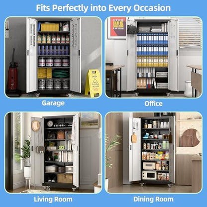 Metal Garage Storage Cabinets with Wheels,5 Adjustable Shelves 71"X34"X18"