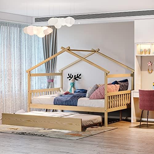 Merax Full Size Wooden House Bed with Trundle, Wood Bed Frame with Roof for Kids, Teens, Boys or Girls, Natural
