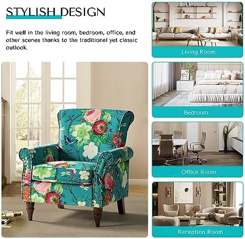 HULALA HOME Traditional Floral Accent Chair with Solid Wood Legs, Blue