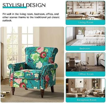 HULALA HOME Traditional Floral Accent Chair with Solid Wood Legs, Blue