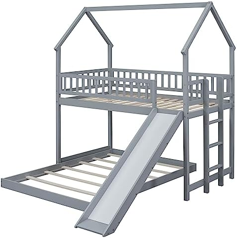 SOFTSEA Twin Over Full Bunk Bed with Slide and Built-in Ladder, Gray