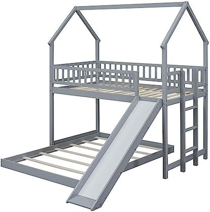 SOFTSEA Twin Over Full Bunk Bed with Slide and Built-in Ladder, Gray