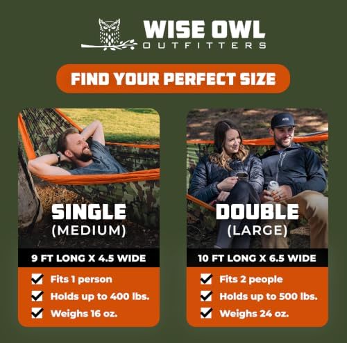 Wise Owl Outfitters Camping Hammock – 500lbs Portable Hammock with Tree Straps - Travel, Backpacking, Hiking, Outdoors Camping Gear - Double