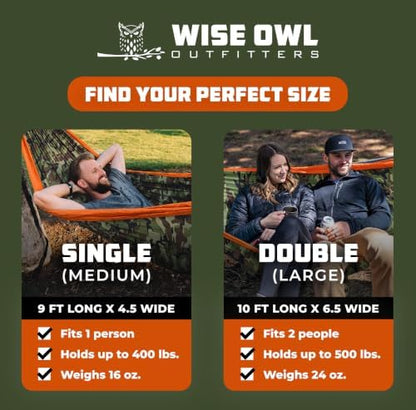 Wise Owl Outfitters Camping Hammock – 500lbs Portable Hammock with Tree Straps - Travel, Backpacking, Hiking, Outdoors Camping Gear - Double