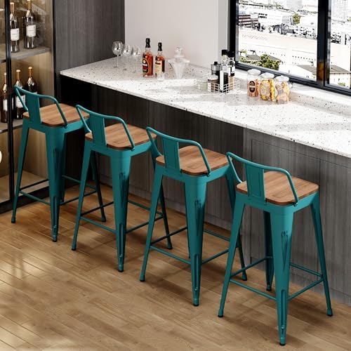 26" Barstools Set of 4 Counter Height Bar Stools Side Chair-Distressed Teal