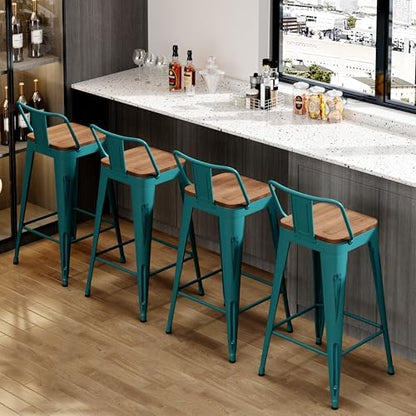 24" Barstools Set of 4 Counter Height Bar Stools Side Chair-Distressed Teal
