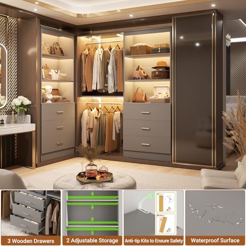 Aheaplus 47.2" Closet Drawers System, 3.94FT Wood Closet Organizer System with 3 Drawers, Modular Small Walk-in Closets Storage Unit, Set of 2, Grey (47.2" L x 13.8" W x 71" H)