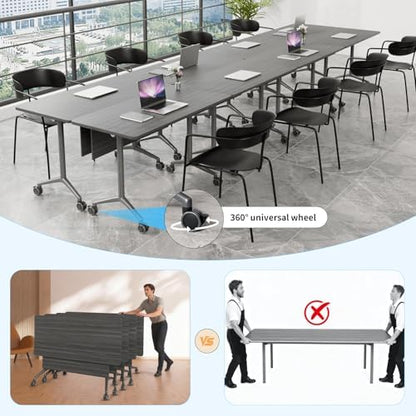 Conference Table, Folding Conference Room Tables on Wheels, Modern Meeting Seminar Table Computer Desk, Boardroom Desk for Office Meeting Conference Room,White (10, 1915D, 63)