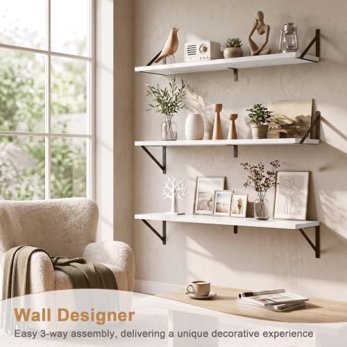 Floating Shelves, 24 x 12 Inches, Set of 2 Wall-Mounted Shelves with Metal Brackets, Decorative Wall Shelf for Living Room, Bedroom, Bathroom (White)