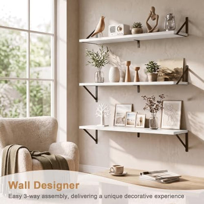 Floating Shelves, 24 x 12 Inches, Set of 2 Wall-Mounted Shelves with Metal Brackets, Decorative Wall Shelf for Living Room, Bedroom, Bathroom (White)