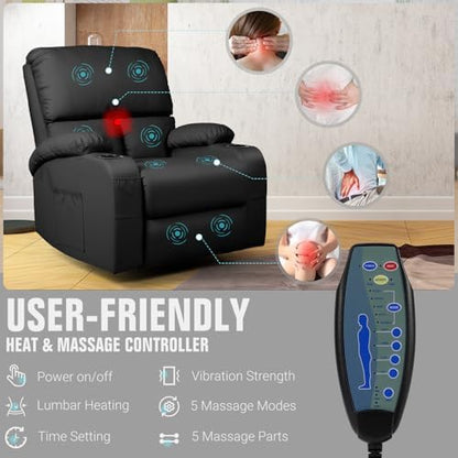 LAFWELL Rocking Recliner Chair, Massage Rocker Recliner Chair with Vibration Massage and Heat, USB and Type-C Ports,360° Swivel Faux Leather Chairs, Living Room, Bedroom, Nursery, RV, Black