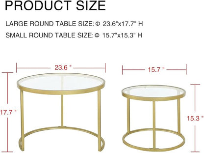 Round Nesting Coffee Table Gold Set of 2 for Living Room, Modern Side Tables with Sturdy Metal Frame and Tempered Glass.Minimalist End Table,Cocktail Table for Dining Room,Home Decor