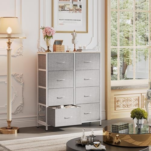 WLIVE 8 Drawer Fabric Dresser for Bedroom, Tall Storage Tower, Light Grey