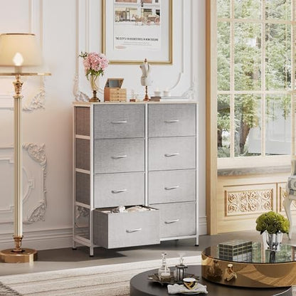 WLIVE 8 Drawer Fabric Dresser for Bedroom, Tall Storage Tower, Light Grey