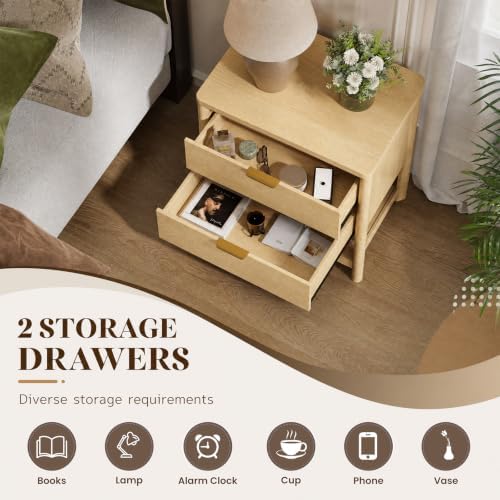 MALOL Night Stand Set of 2 with Open Storage Shelf, Natural Wood