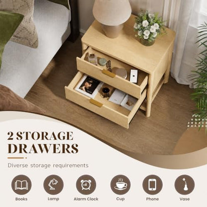 MALOL Night Stand Set of 2 with Open Storage Shelf, Natural Wood