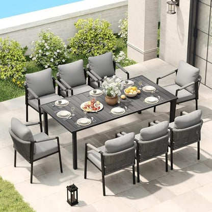 Patio Dining Set, 9-Piece Woven Rope Rattan Dining Table and Chairs Set