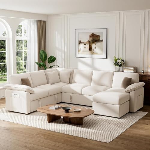 L Sleeper Sofa 109" Modular Sectional Sofa with Pull Out Bed, Beige