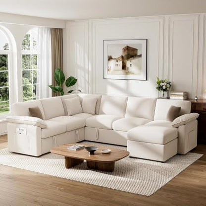 L Sleeper Sofa 109" Modular Sectional Sofa with Pull Out Bed, Beige
