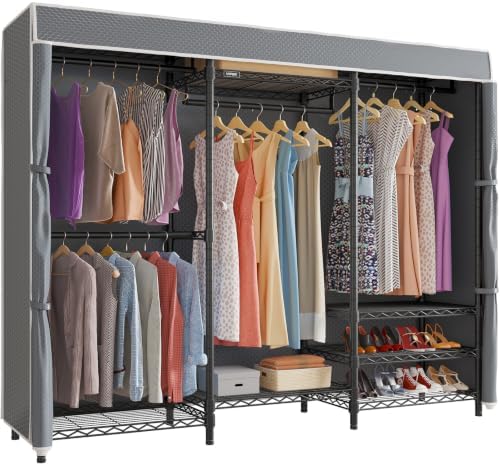 VIPEK V5C Portable Closet Wardrobe Bedroom Armoires Heavy Duty Covered Clothing Rack, Black Metal with Grey Oxford Fabric Cover, Adjustable Custom, 68.9" Lx15.7 Wx76.4 H