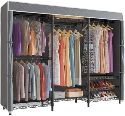 VIPEK V5C Portable Closet Wardrobe Bedroom Armoires Heavy Duty Covered Clothing Rack, Black Metal with Grey Oxford Fabric Cover, Adjustable Custom, 68.9" Lx15.7 Wx76.4 H