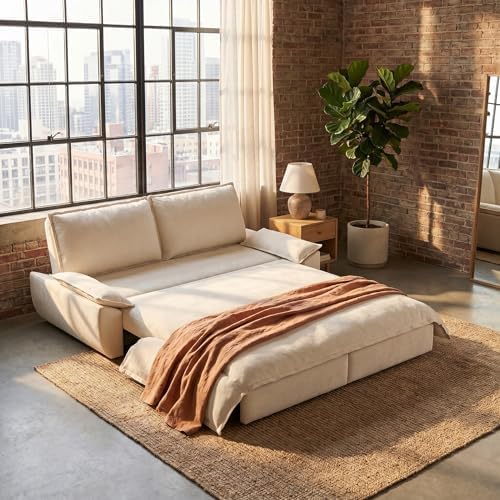 73.2" Sofa Bed Queen, 3-in-1 Pull Out Sofa Bed with Pillow Armrest, Modern Velvet Convertible Sleeper Futon Sofa for Living Room Small Space, Apartment, Bedroom, White