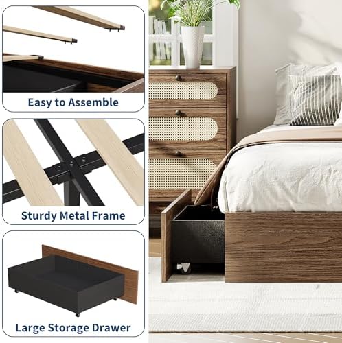 Garvee Queen Bed Frame with 2 Storage Drawers, Wood Platform Bed