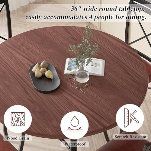 VECELO 36" Round Dining Table for 4, Wood Grain Dinette with Metal Frame for Kitchen, Apartment, Home, Space-Saving, Vintage Brown