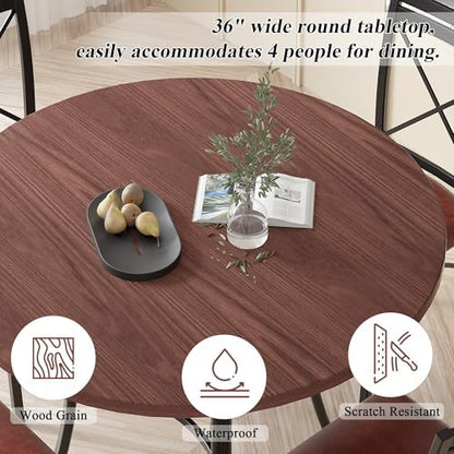 VECELO 36" Round Dining Table for 4, Wood Grain Dinette with Metal Frame for Kitchen, Apartment, Home, Space-Saving, Vintage Brown