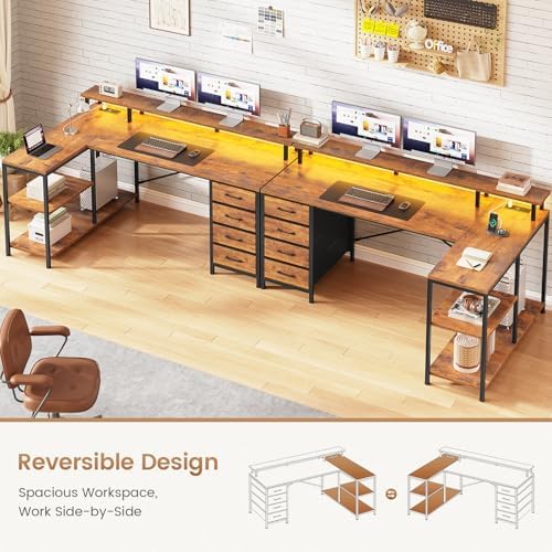 SEDETA L Shaped Desk with 4 Drawers, Shelves, Power Outlets, Rustic Brown