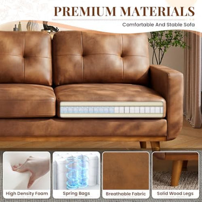 Mid Century Modern Loveseat Sofa, 65"W Upholstered Comfy Couch with Tufted Design and Square Arms, 2 Seater Small Couch with Deep Seat and Solid Wood Legs for Living Room, Bedroom, Apartment(Brown)