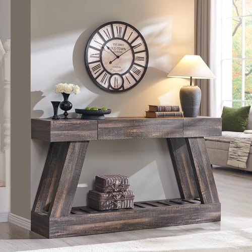 60" Farmhouse Entryway Table, Entry Table with Drawer, Wooden Hallway Foyer Table with Heavy Duty Base, Narrow Long Wood Sofa Table for Living Room, Console Table for Entryway(Dark Rustic Oak)