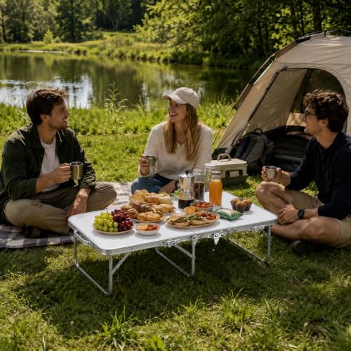 Moosinily Small Camping Table 4FT Folding Picnic Table Foldable Low Camp Table Portable Short Aluminum Outdoor Short Floor Beach BBQ Travel White 47.2×15.7 inch