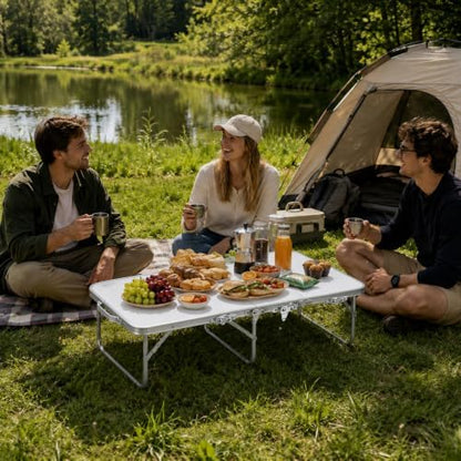 Moosinily Small Camping Table 4FT Folding Picnic Table Foldable Low Camp Table Portable Short Aluminum Outdoor Short Floor Beach BBQ Travel White 47.2×15.7 inch
